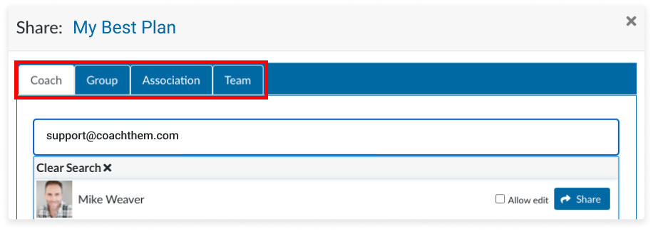 Share your Practice Plan with a Coach Group Association Team